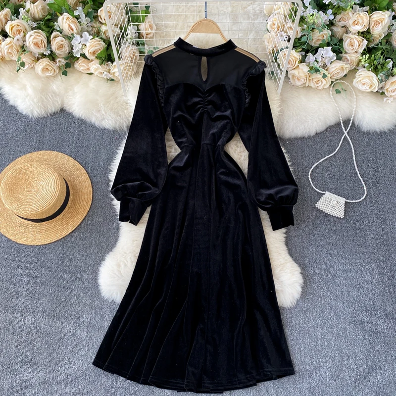 

Autumn Winter Black Velvet Party Dress Women Elegant Round Neck Lantern Long Sleeve Mesh Patchwork Midi Vestidos Female Fashion