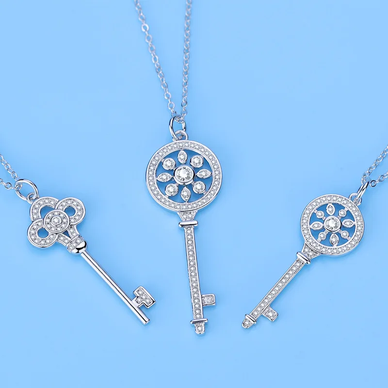 

Silver Key Necklace Sweater Chain Pendant Jewelry Diamond Silver Jewelry Fashion Simple Retro Style Romantic ожерелье