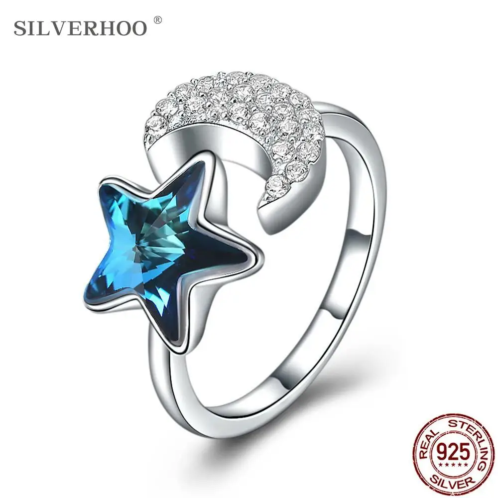 

SILVERHOO 925 Sterling Silver Opening Adjustable Rings For Women Shining Moon With Blue Star Ring Fine Jewelry Anniversary Gift