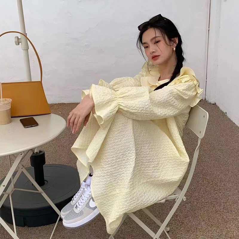 

2121 Early spring new style Korean embossed petal jacquard loose doll long-sleeved dress female lazy skirt