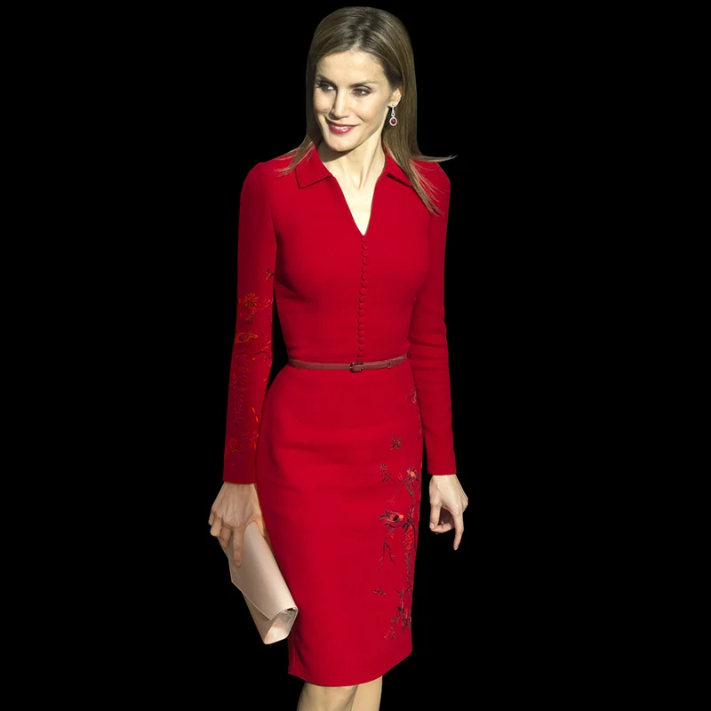 

V-neck Long-sleeved Single-breasted Waist Bag Hip Heavy Embroidery Flower Mid-length Dress 2022 Spring New Woman Dress