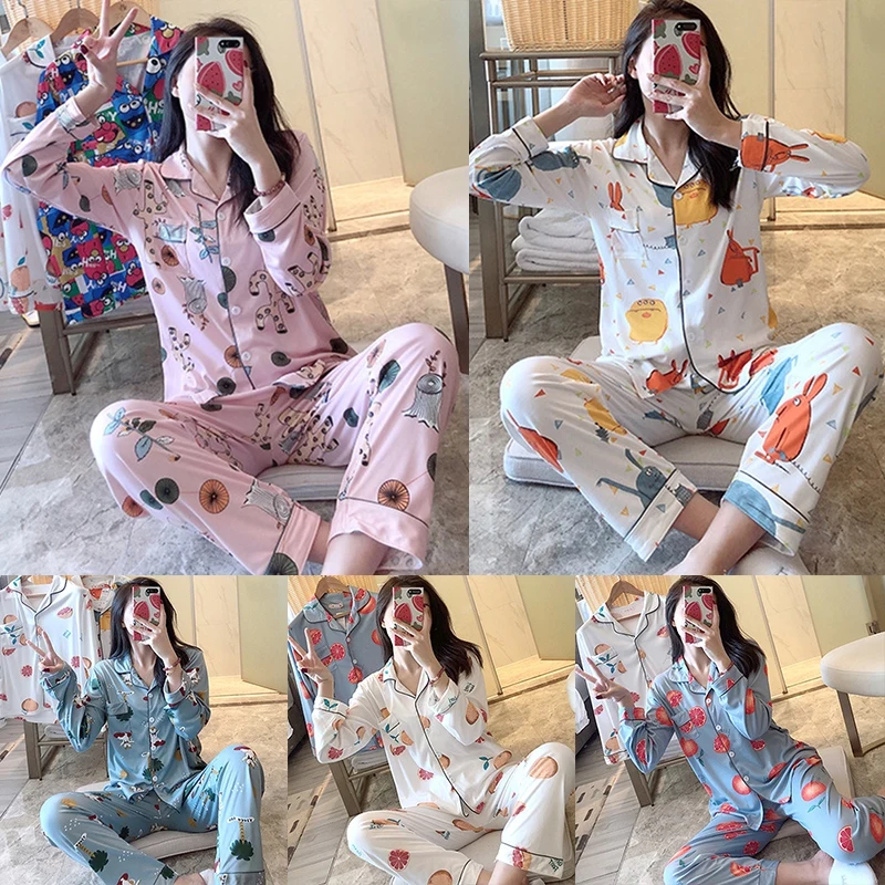 

Women Pajamas Set Long-sleeved Cardigan Fashion Home Service Lapel Cartoon Fruit Print Shirt + Trousers M-2XL