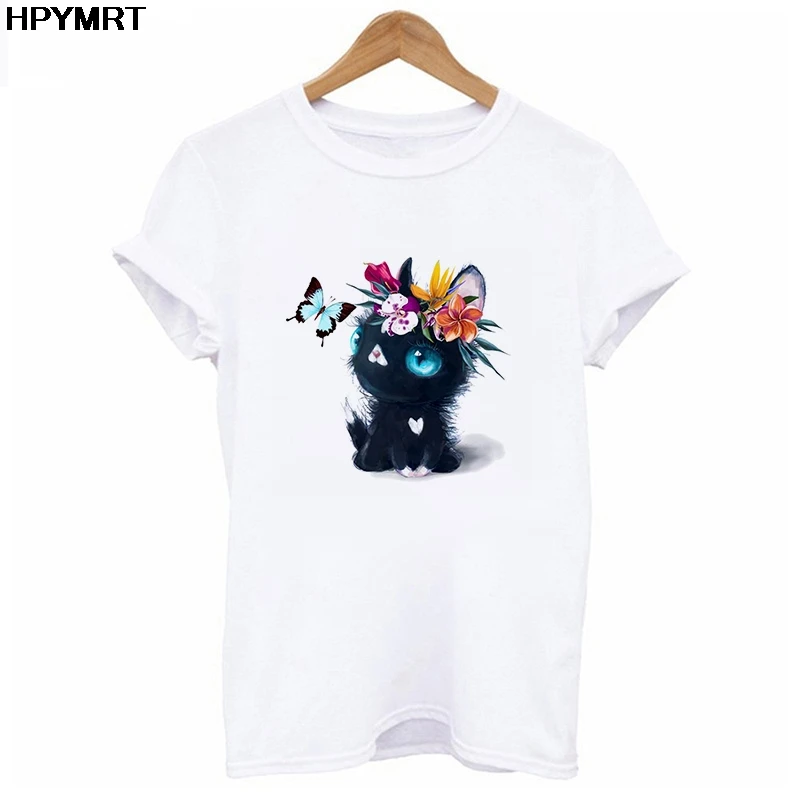 

Женская футболка с коротким рукавом, черная футболка с принтом кота в стиле Харадзюку, одежда для лета