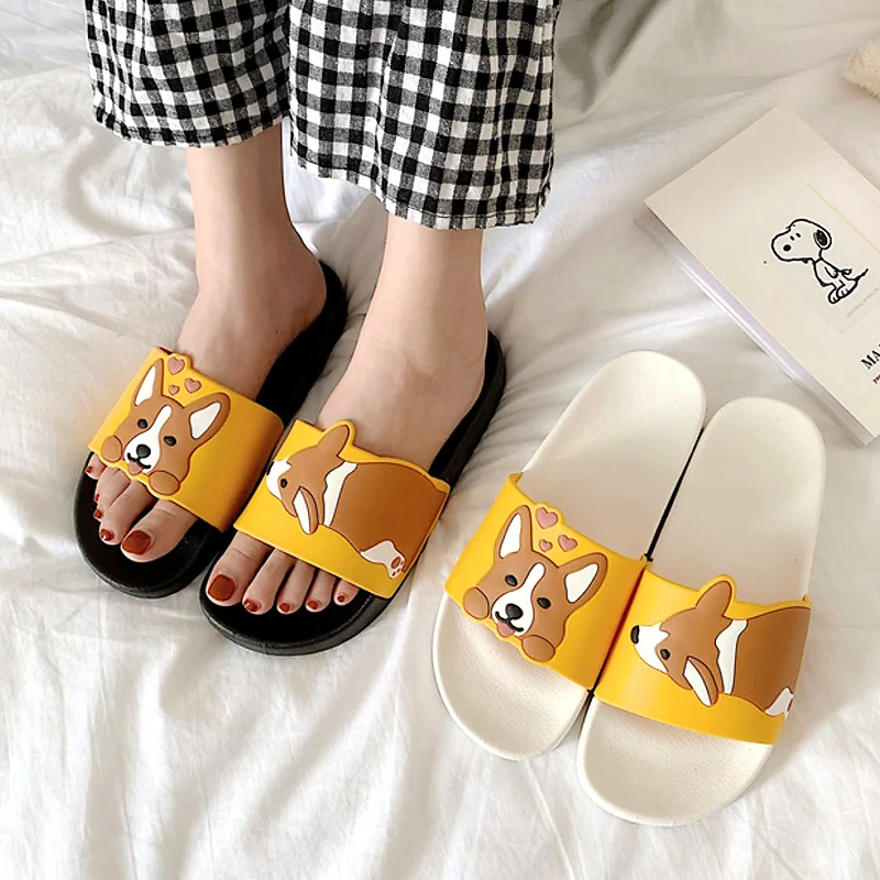 

Women Summer Slippers Slide Sandals Beach Flip Flops Cartoon Dog Corgi Comfortable Thick Sole Girls Flat Shoes Zapatillas Mujer