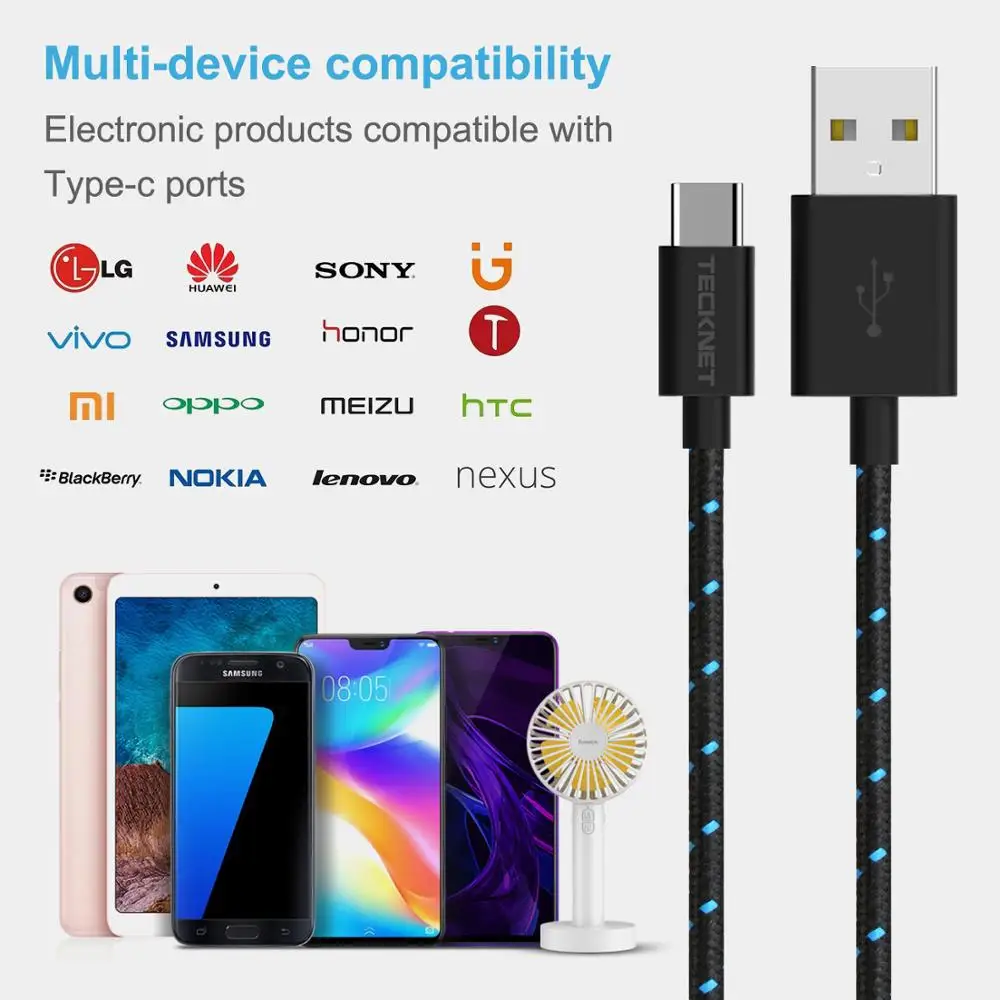 Высокоскоростной зарядный usb кабель TeckNet Type C USB в оплетке для передачи данных и