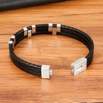 Three-Layer Stitching Stainless Steel Leather Bracelet 5