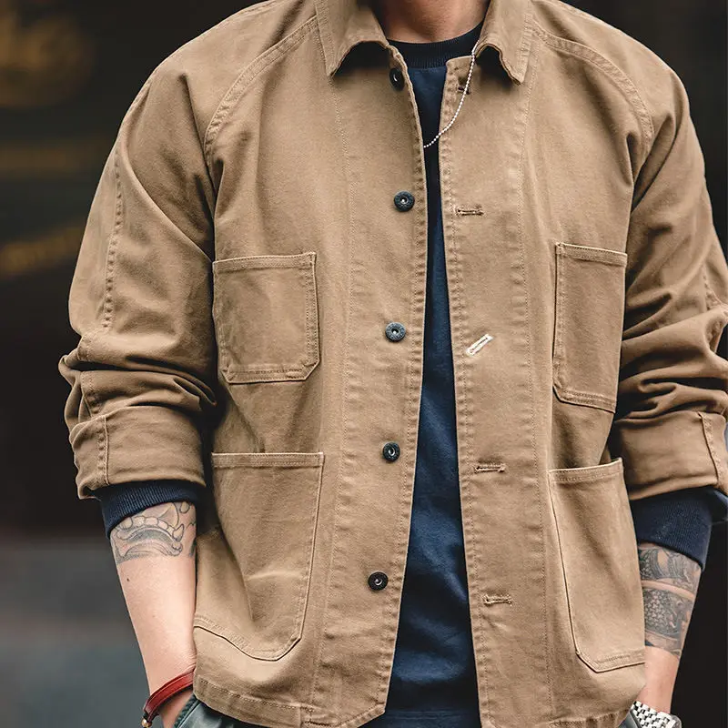 

Рабочая одежда, куртка в американском стиле, с пряжкой, тяжелая куртка с четырьмя карманами, с лацканами, Ami, хаки, винтажная куртка, Мужская н...