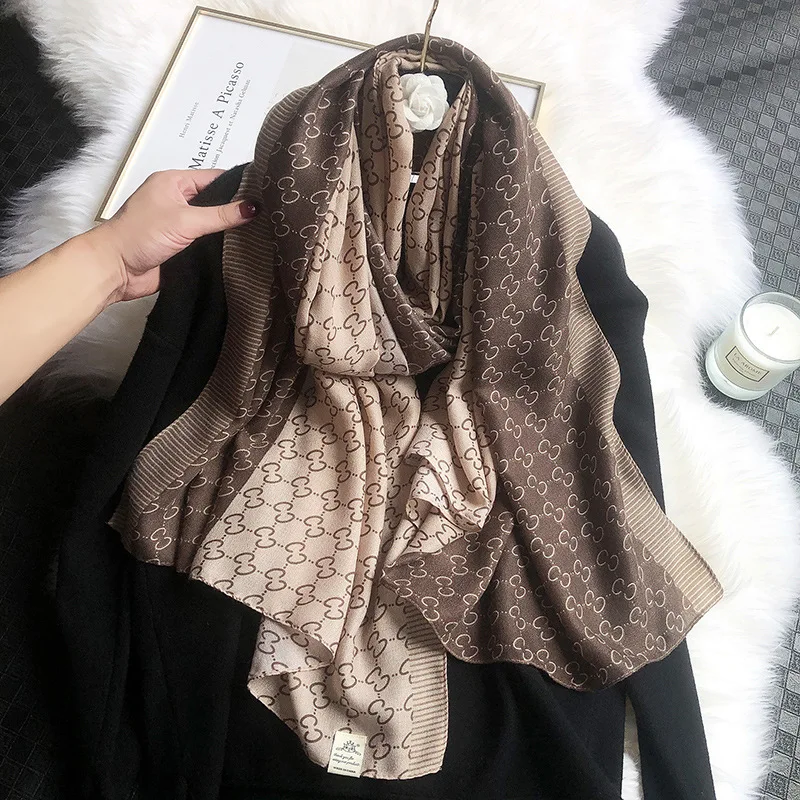 

Korean Version of The Spring New Letters Cotton and Linen Feel Gauze Women Travel Vacation Sun Protection Shawl Winter Warm