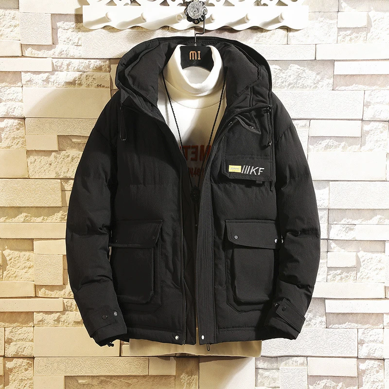 Мужская теплая куртка с капюшоном черная однотонная Повседневная ветрозащитная