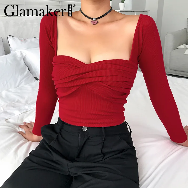 

Glamaker Vintage red bodycon bandage pleated crop top women Streetwear spring long sleeve tops Female elegant blouse shirt