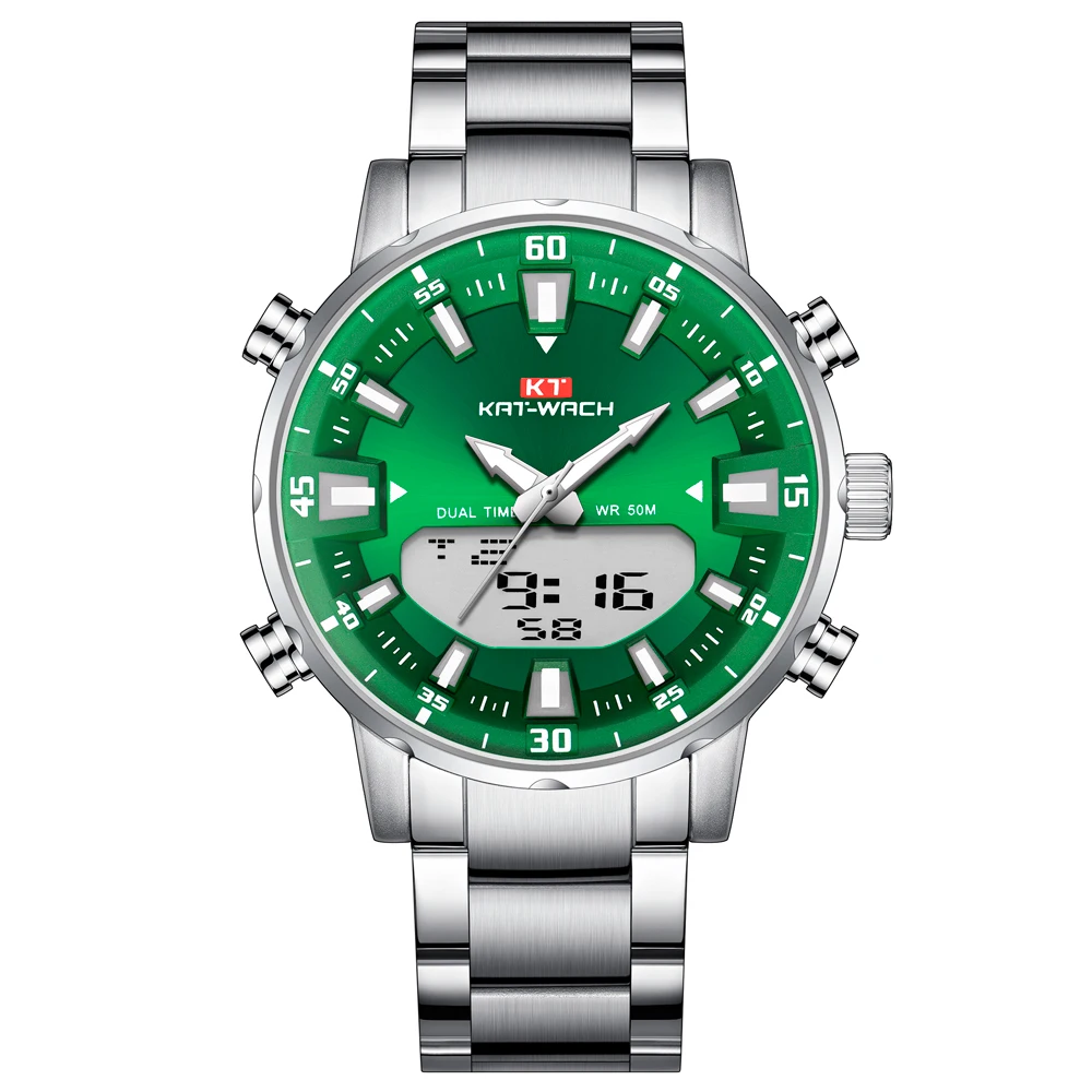 KT1815Green KT New Mens Watches with Stainless Steel Dual Display Waterproof 3D Dial Analog Digital Chronograph Male Sport Style KT1815 - Цвет: KT1815Green