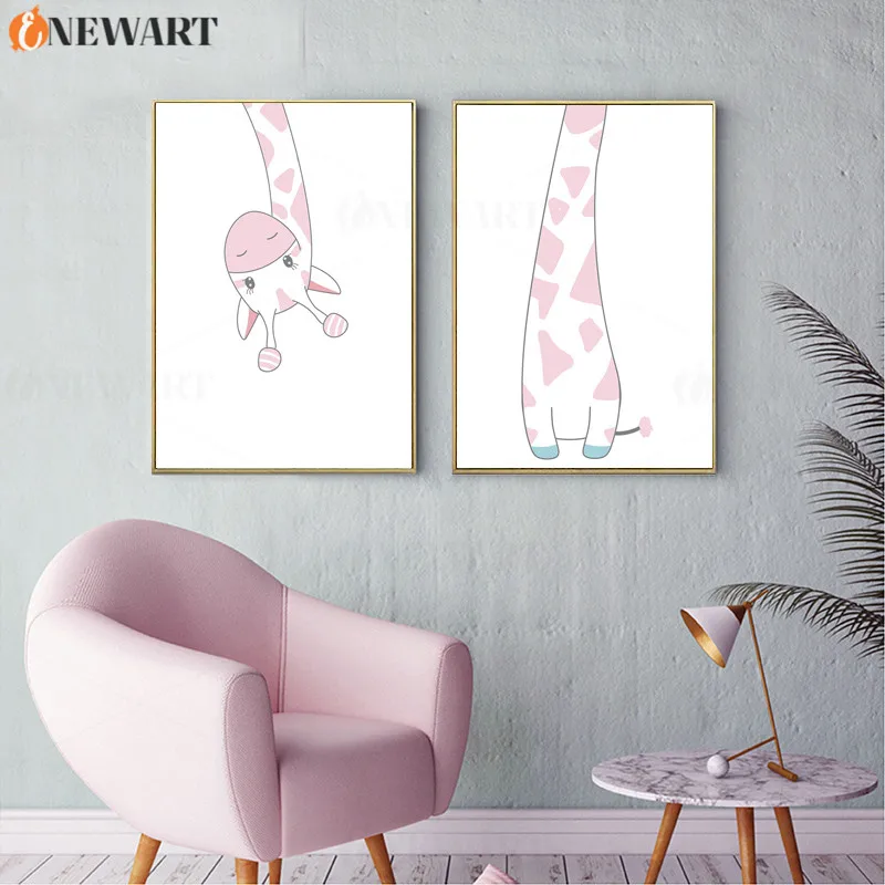 Розовый Жираф Печать Nodic Декор детской стены плакат дети Спальня украшение