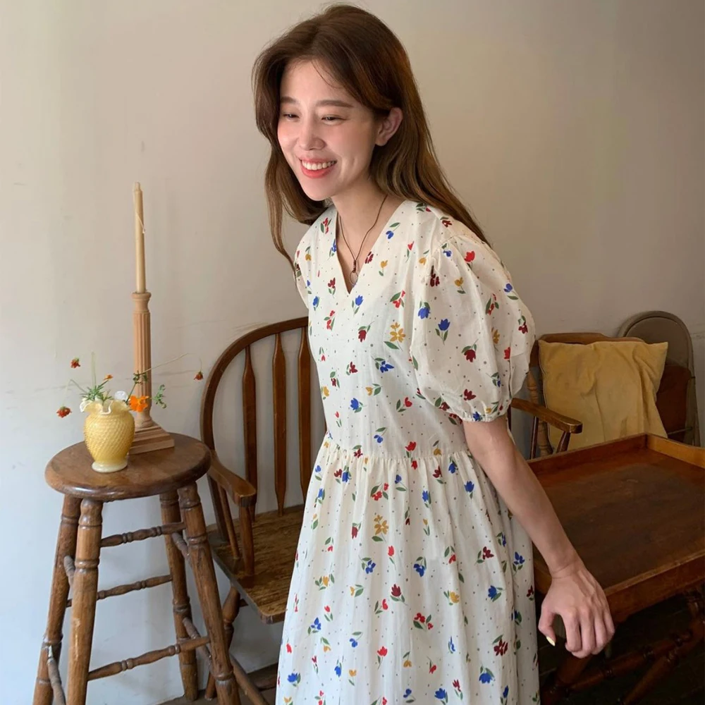 

ZOGAA 2021 New Women Summer V Neck Long Floral Dress High Waist Puff Sleeve Pullover Maxi Sundress Basic Vestido De Mujer