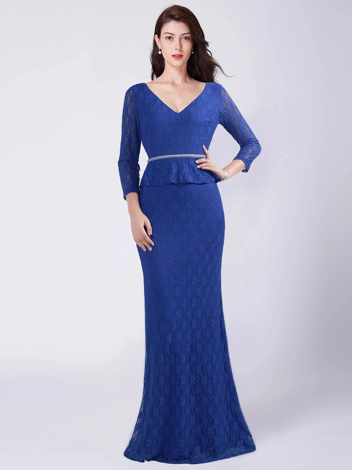 

Elegant V Neck Long Mermaid Lace Formal Evening Dress