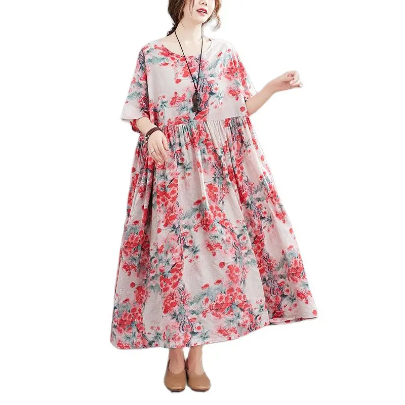 

ARCSINX Floral Pink Dress Women For Large Size 4XL 5XL 6XL Casual Mori Girl Cotton Summer Dresses And Sundresses Women Big Size