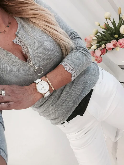 Sexy Lace Patchwork Zipper Half Open Knitted Tops Pullover Autumn Winter Women Pull Jumper Female Casual Slim Pink Grey Sweaters | Женская