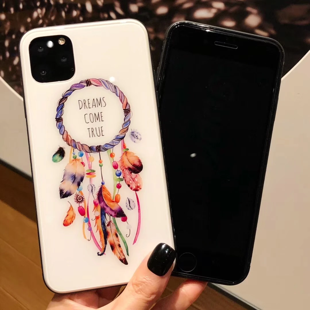 Роскошный красочный чехол из закаленного стекла для телефона для iphone 7 8 6 6s Plus XS Max XR X Ловец снов перо Глянцевая стеклянная крышка для телефона F