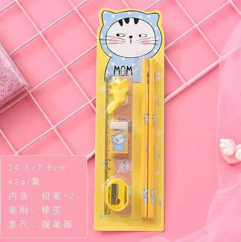 cat 1 Набор Kawaii Мультфильм Единорог кролик HB деревянные карандаши для детей эскиз исследования карандаши с линейкой ластик Ручка точилка подарочный набор - Цвет: cat