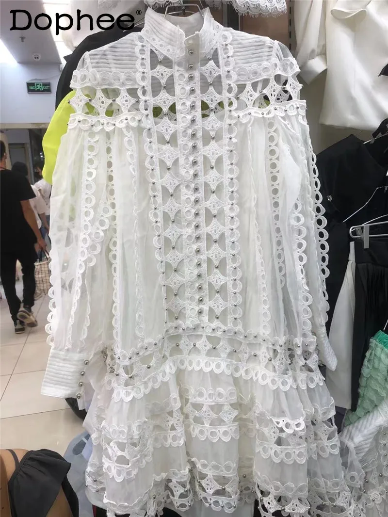 

Женское кружевное платье-миди с длинным рукавом, элегантное белое ажурное платье большого размера с бусинами, весна-лето 2021