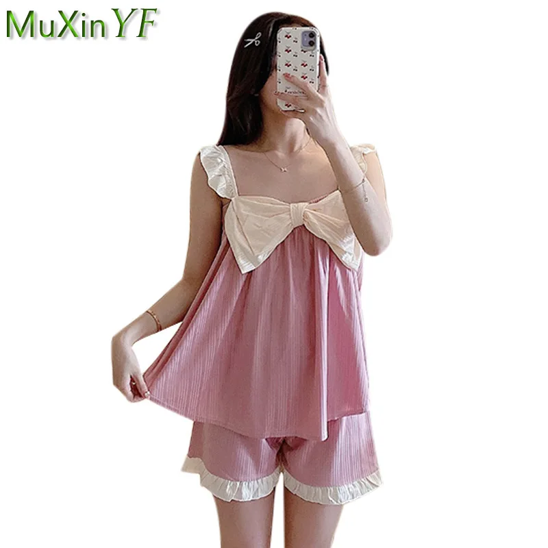Women' Two Pieces Pajamas Set 2021 Summer Girls Sweet Big Bow-Knot Purple Thin Sleeveless Tops Shorts Sets Lady Leisure Homewear