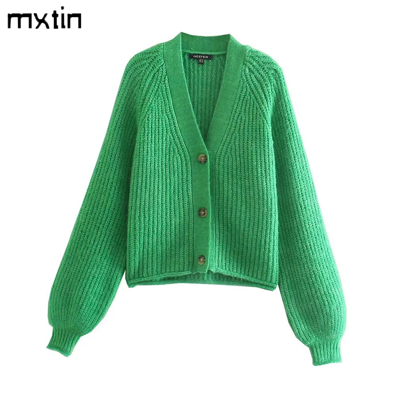 Кардиган женский вязаный однобортный с V-образным вырезом и длинным рукавом