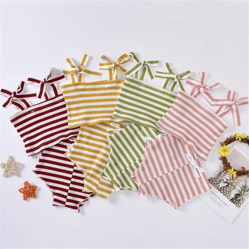 

2020 Baby Girls Striped Ribbed Knitted Clothes Set Baby Summer Tie-up Shoulder Strap Tube Top+High Waist Shorts 2Pcs Stylish Set