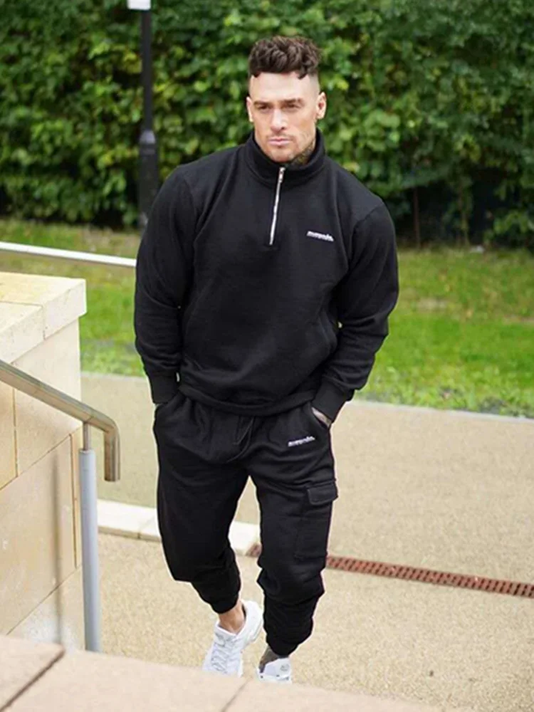 

Muscle Sports Suits Men's New Autumn Cotton Long-Sleeved Two-Piece Zip-Up Pocket Cargo Pants Polo Shirts Fashion Tracksuit