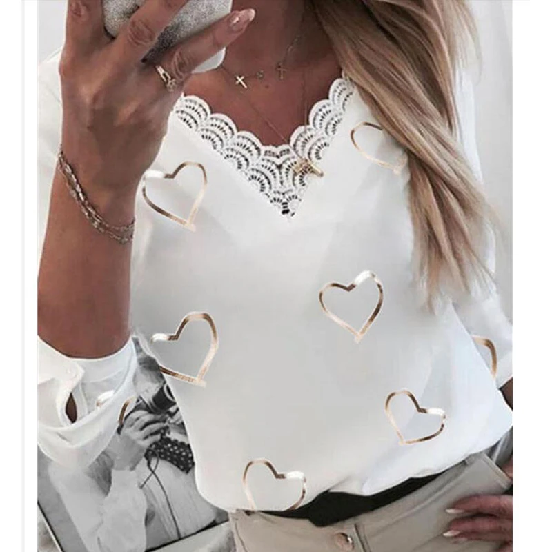

Elegant Heart Print Women Blouse Shirt Lace V-Neck Long Sleeve Female Casual Shirts Fashion Streetwear Ladies Pullover Tops
