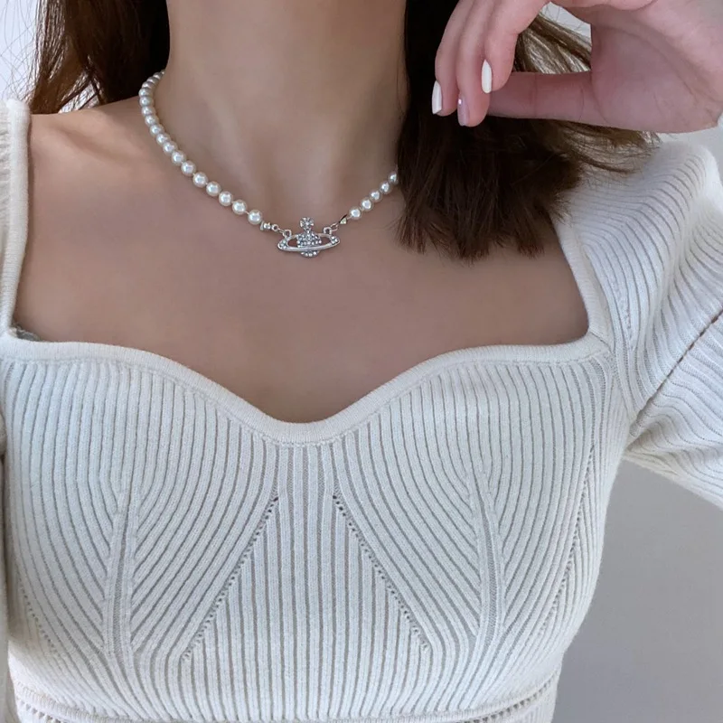 

Planet Necklace Korean Fashion Woman Imitation Pearl Necklaces Girls Geometric Chain High Quality Jewelry Kpop Alloy Naszyjnik