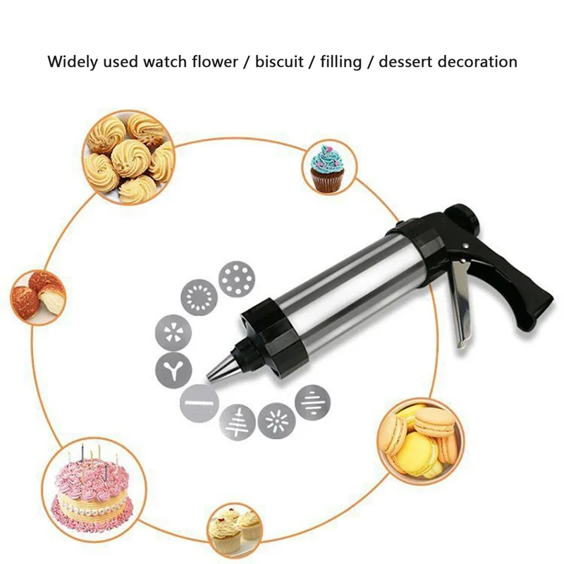 

Пресс для выпечки печенья, шелковая плитка, 8 насадок для глазировки и 8 дисков для печенья, набор для выпечки из нержавеющей стали на Рождест...
