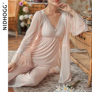 Женская ночная рубашка, из 3 предметов, сетчатая кружевная Пижама с V-образным вырезом и Расклешенным рукавом, сексуальная ночная рубашка, одноцветное, из модала