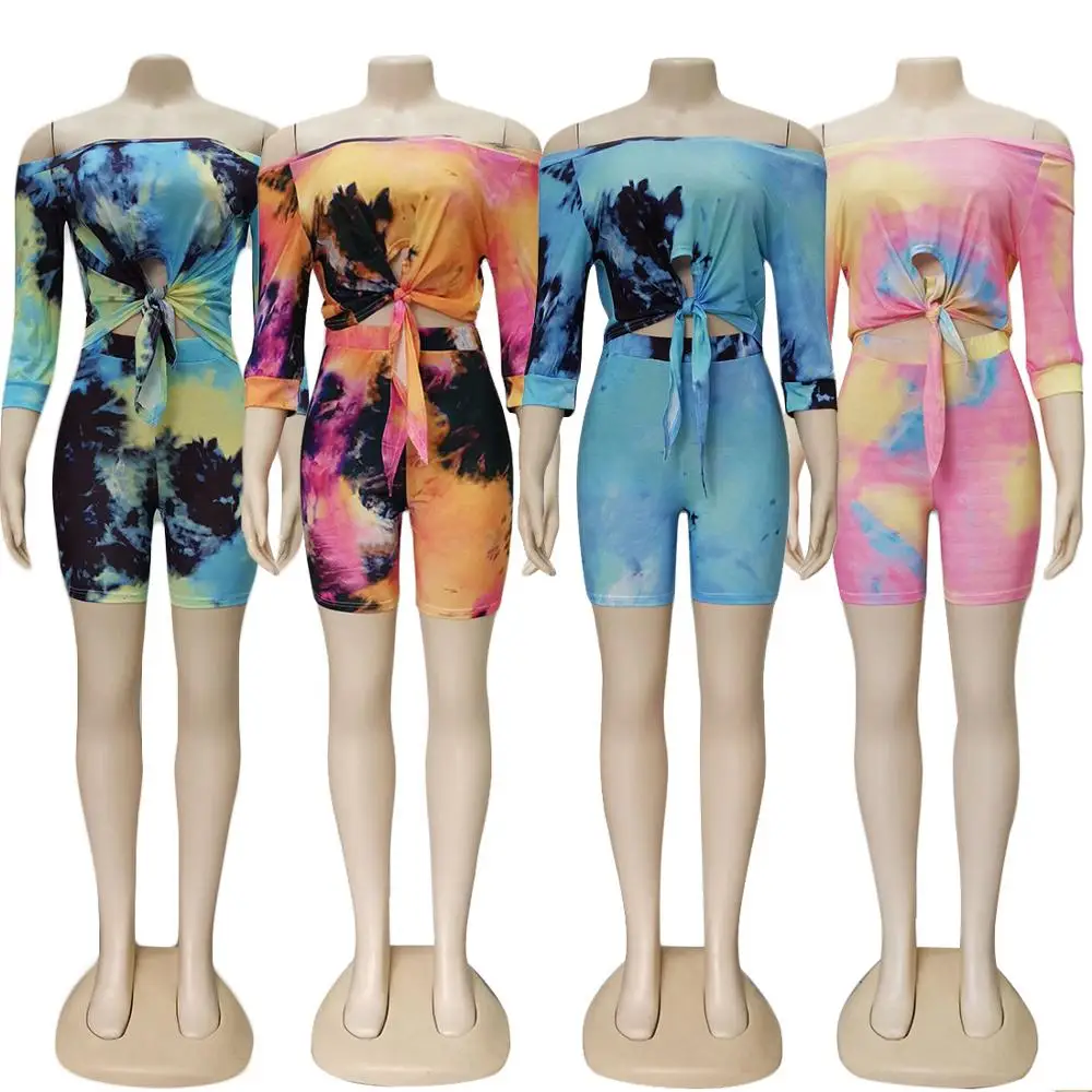 

New fashion tie-dye printing casual two-piece fashion slim backless seven-point sleeve T-shirt and shorts ladies suit