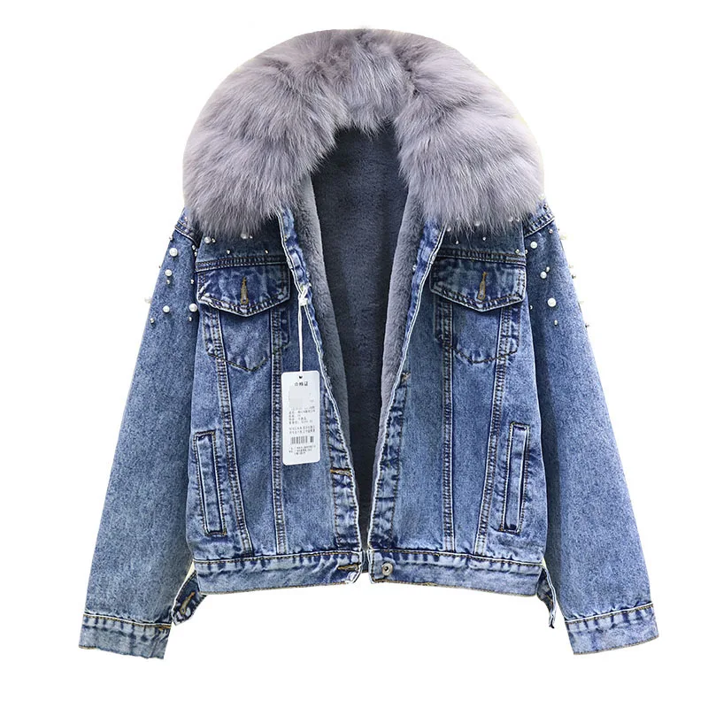 Новинка 2020 зимняя женская джинсовая куртка воротник из лисьего меха Корейская