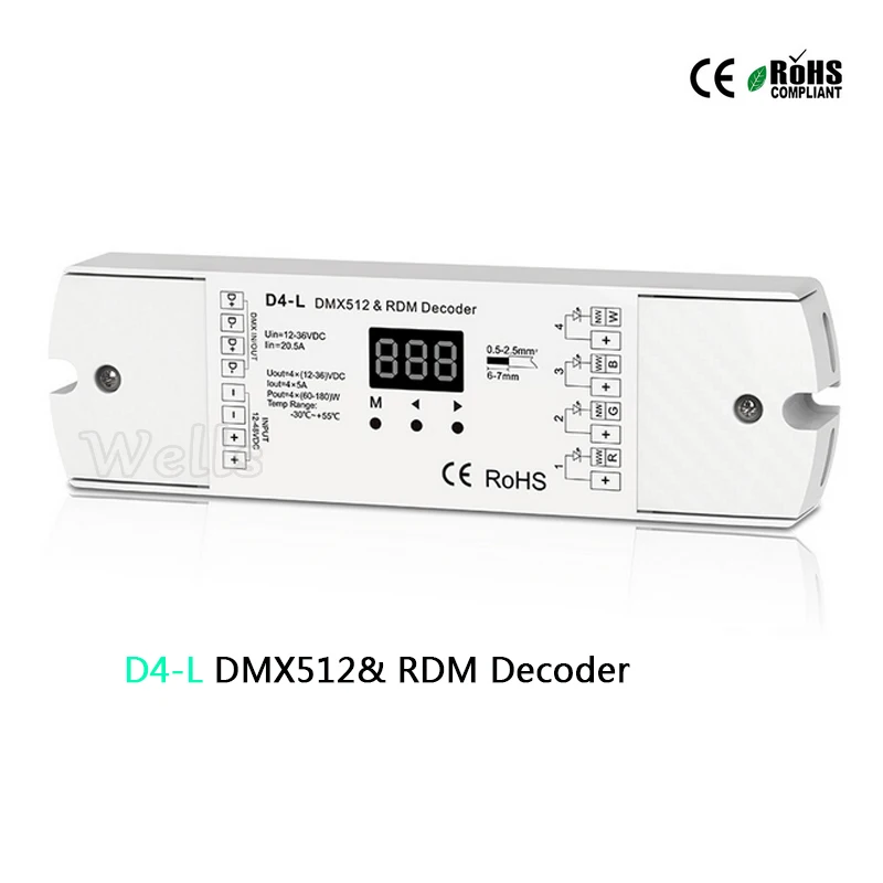 

D4-L 4CH CV DMX512 decoder 12-36V 5A DMX512 & RDM Decoder 5A*4CH output with display for setting dmx address