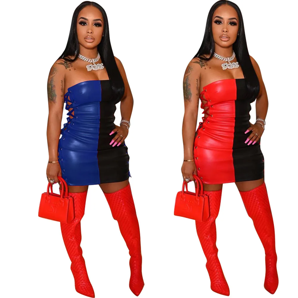 

Women Short Dress Pu Leather Tube Dresses Lace Up Off Shoulder Mini Club Party Bodycon Birthday Dresses Vestido Corto De Fiesta