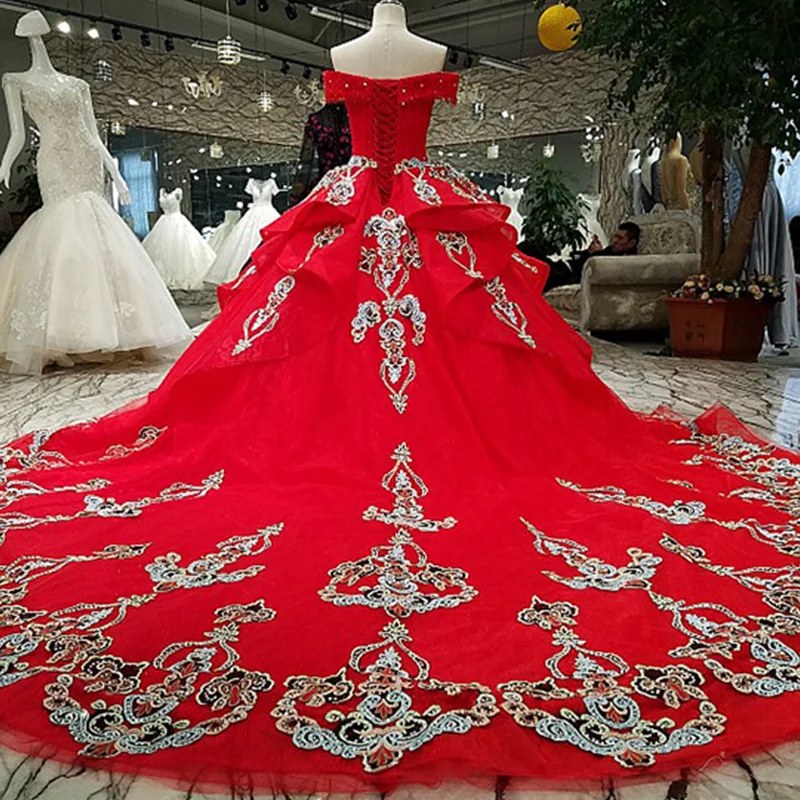LS60411 vitage off shoulder sweetheart floor length lace up back crystal ball gown prom dress red puffy evening wholesale | Свадьбы и