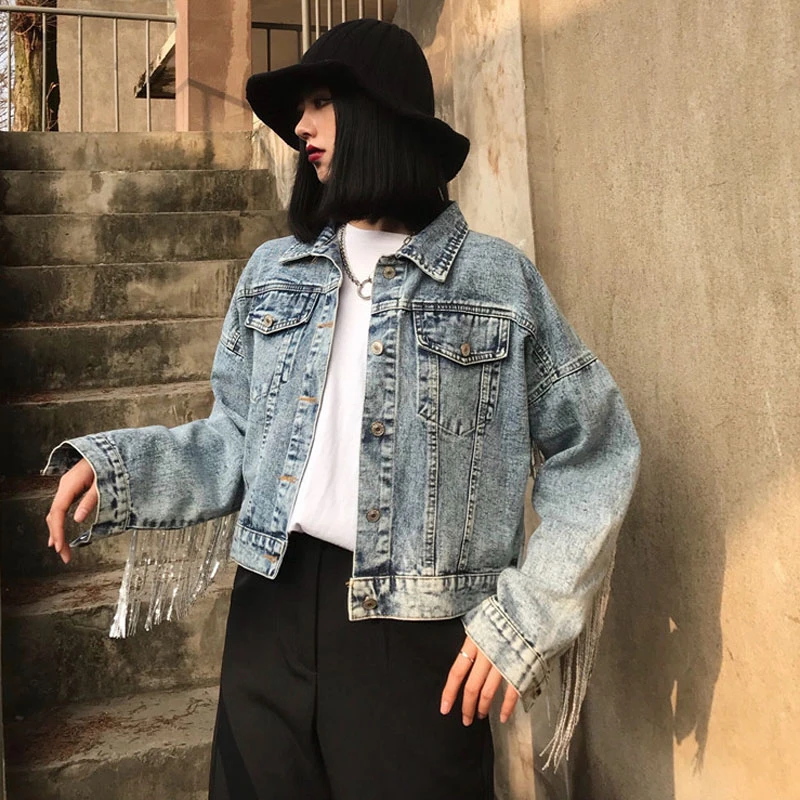 Куртка женская джинсовая с бахромой и блестками свободная короткая куртка в