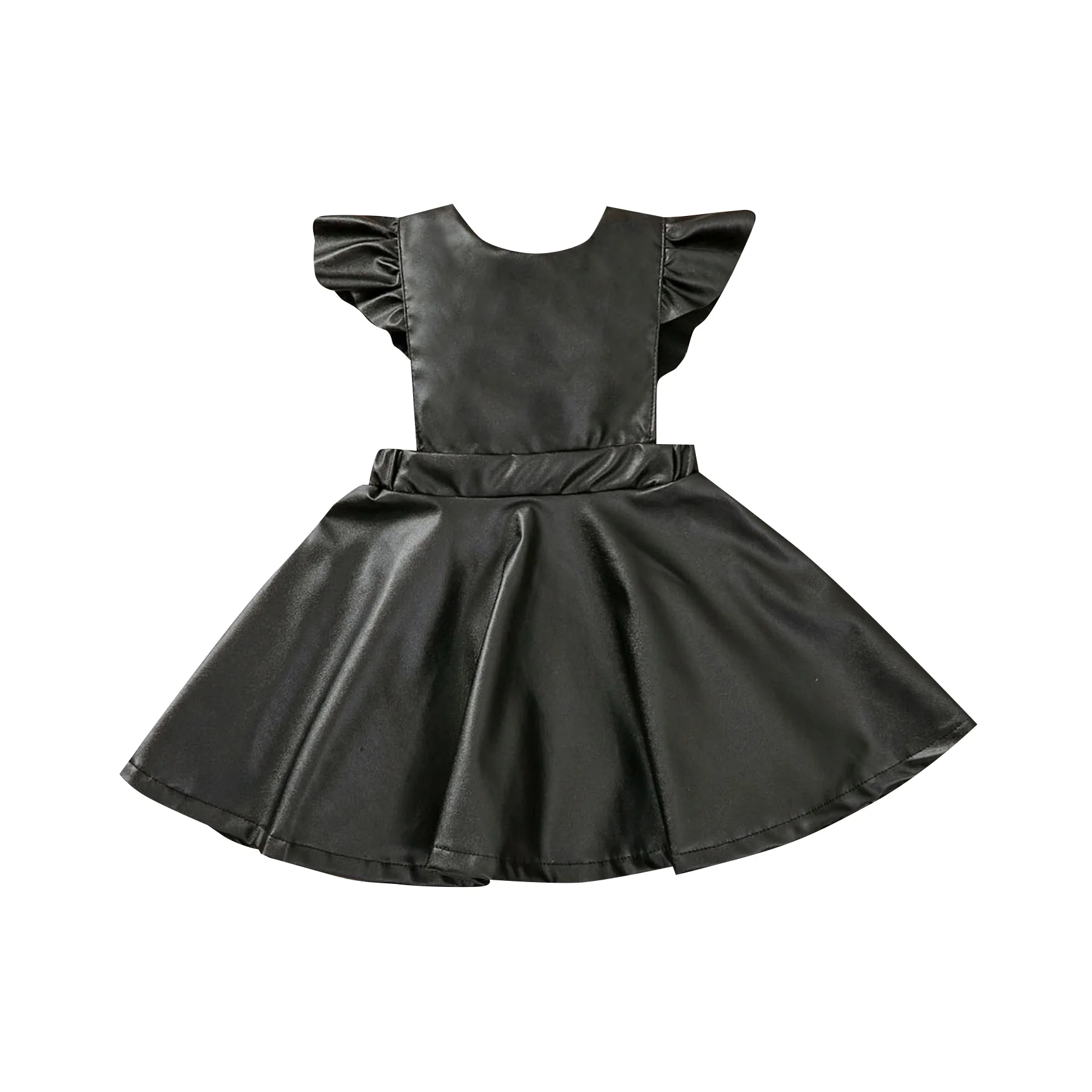 

2021 Summer New Fly Sleeve Solid O-Neck Knee-length Dresses Toddler Kids Baby Girls Fashion Leather Dress Clothes 6M-5Y