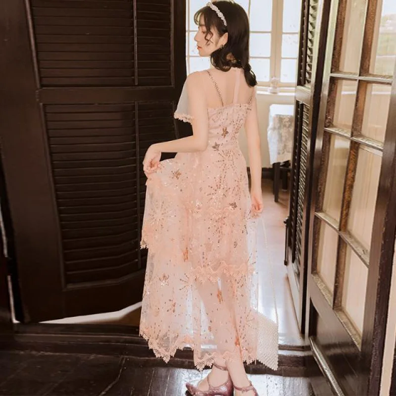 

Summer Elegant Vintage Sequin Embroidery Lace Runway Dress Women's Irregular Medium and Long Mesh Travel Holiday Dress