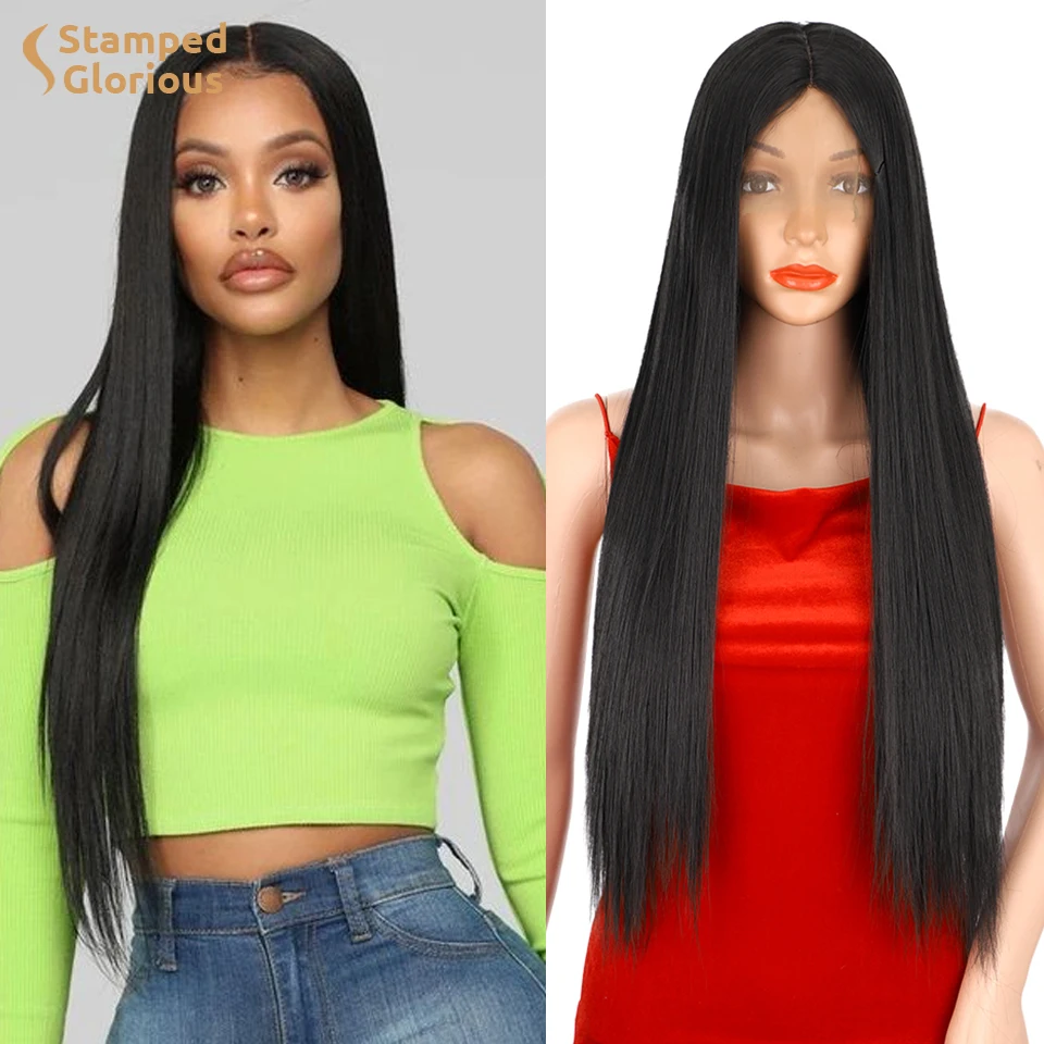 

Stamped Glorious Long Straight Synthetic Wig Black Lace Wigs for Women Middle Part Natural Heat Resistant Fiber Hair