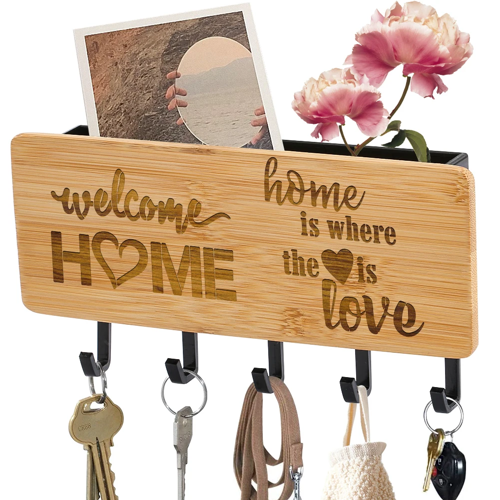 

Black Bamboo Wood Key Hanger Welcome Home Pattern Multifunctional White Storage Key Rack And Wall Decorative Hook for Home House