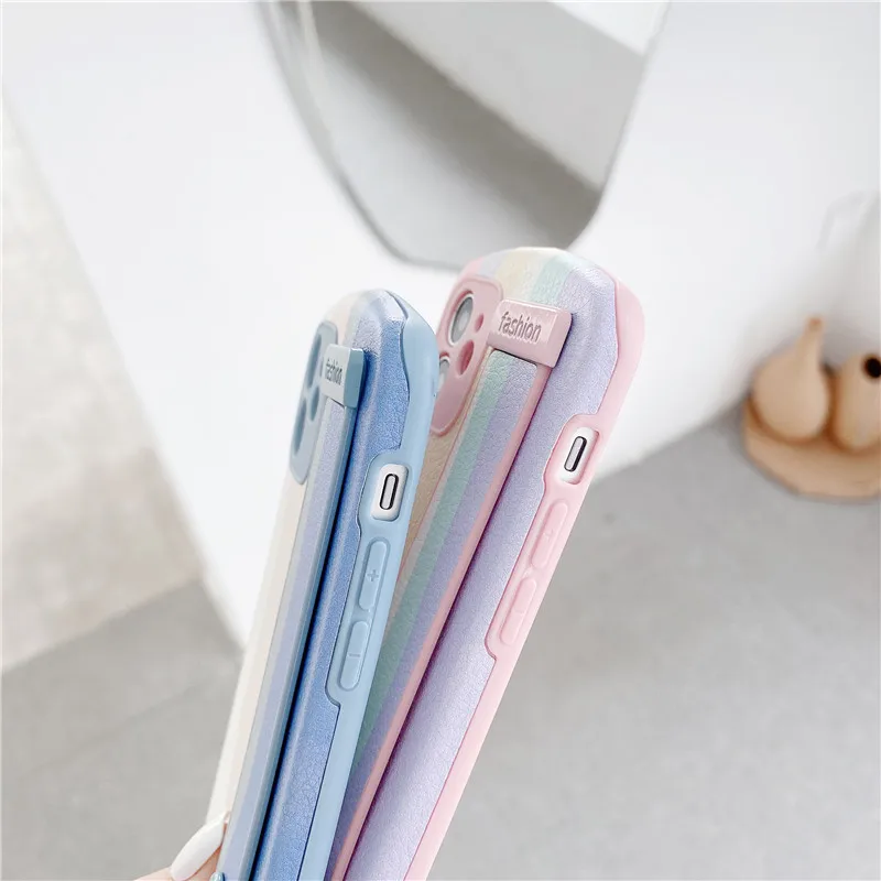 

Rainbow Phone Case For iphone 12 Mini 11 XS MAX XR X 8 7 Plus Cases Soft Silicon Shell Bracket Wrist Strap Back Cover Capa