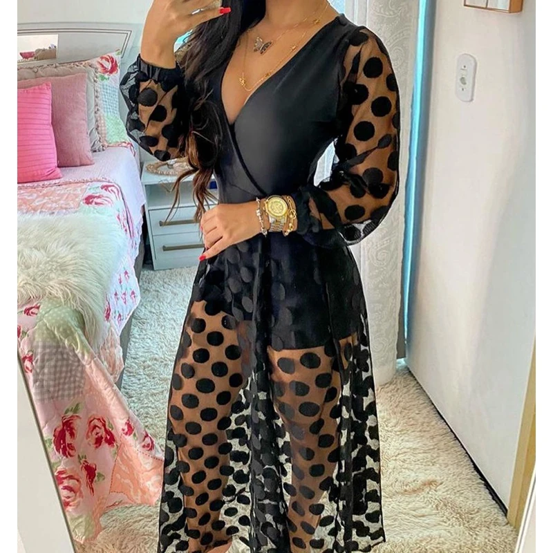 

Wepbel V-neck Siamese Split Playsuits Dress Mesh Polka Dot Jumpsuits Dress Women Long Sleeve High Waist V-neck Sexy Dress