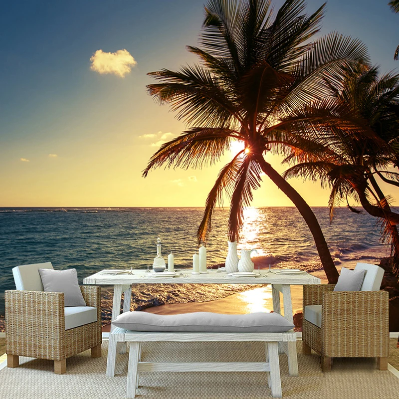 Custom 3D Photo Wallpaper Living Room Sea Sunrise Sunset Seaside Beach Coconut Trees Nature Landscape Mural Paper Wall Painting |