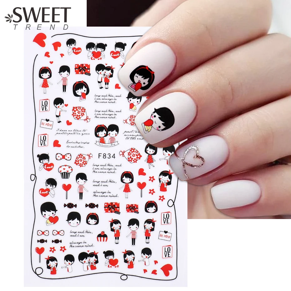 Новые парные дизайнерские наклейки для ногтей 3D День Святого Валентина сердце