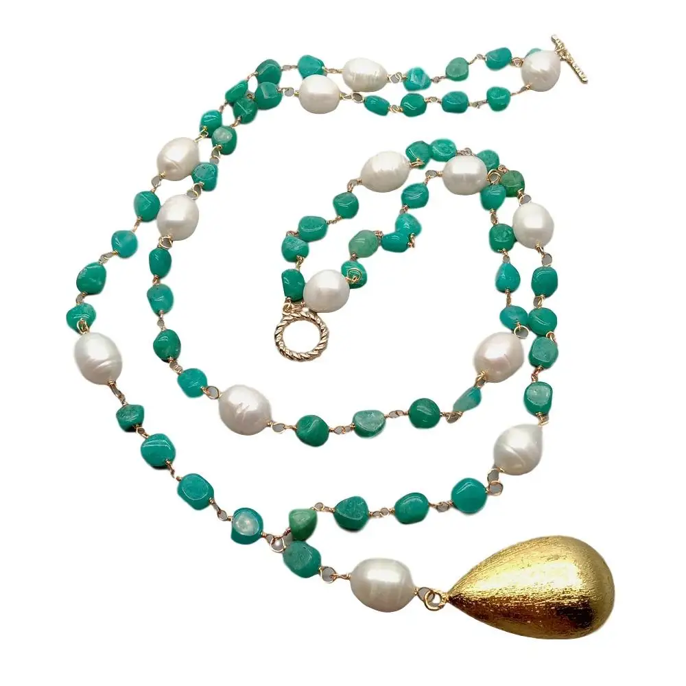 Y·YING Peruvian Amazonite White Rice Pearl sweater chain Necklace Teardrop Brushed Bead Pendant necklace 21&quot for women |