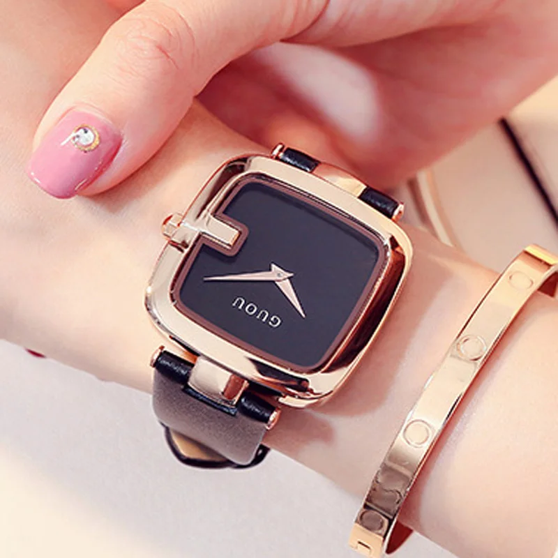 Фото Guou Top Brand Women's Watches 2022 Square Fashion Zegarek Damski Luxury Ladies Bracelet For Women Leather Strap Clock Saati №4
