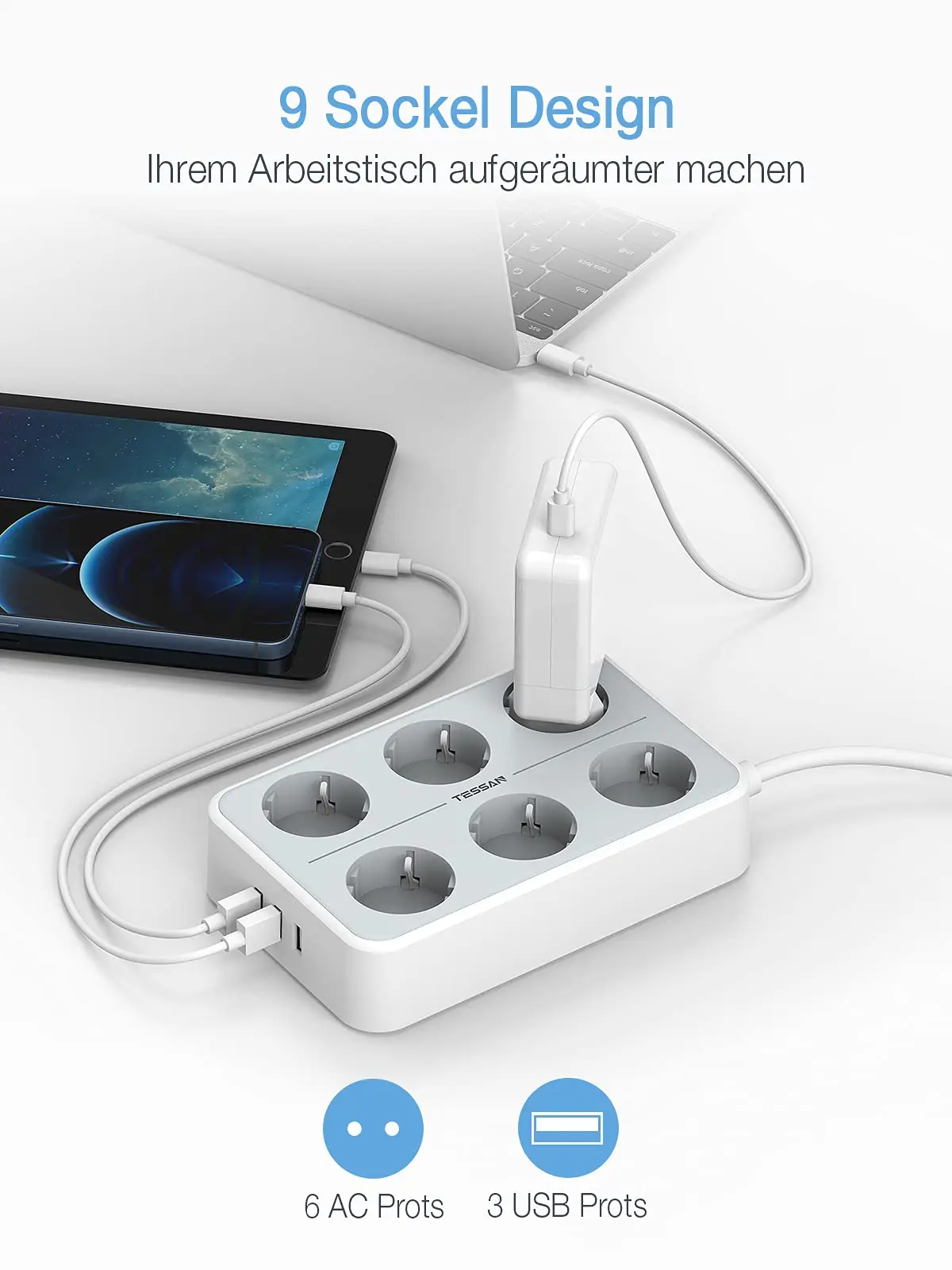 Сетевой фильтр TESSAN 9 в 1 с 6 розетками переменного тока 3 USB портами индикатором