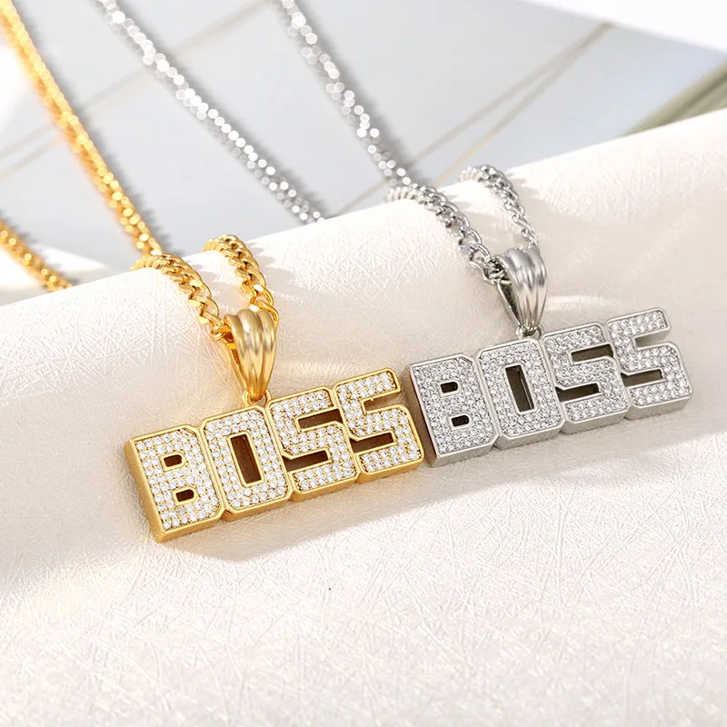 

Ice out BOSS Letter Pendants Necklaces set Gold Color Zircon Chain Power Necklace Women Men Hip Hop Punk Jewelry Gifts Wholesale