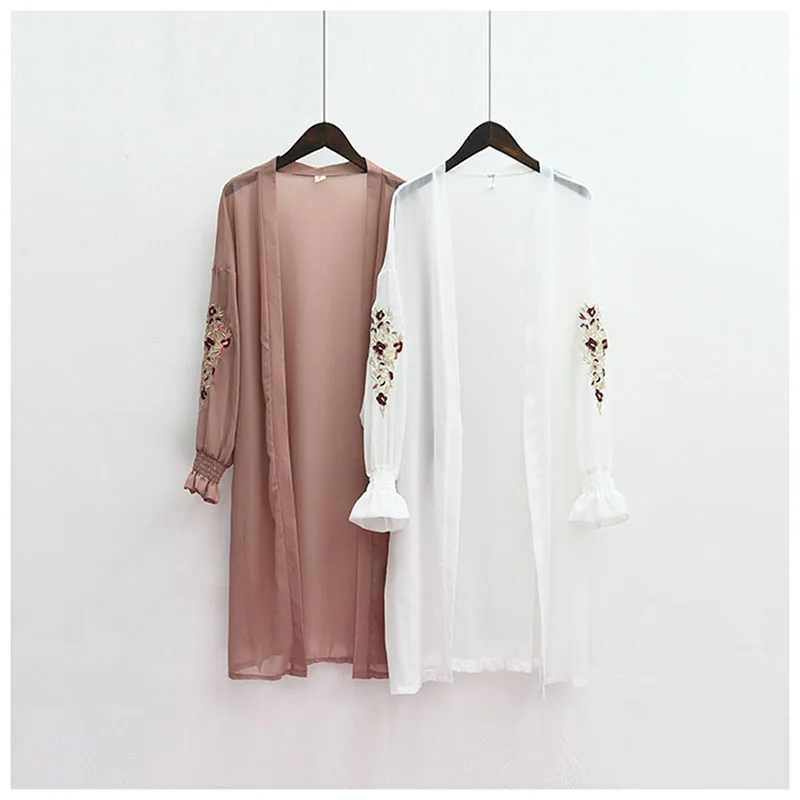 

Summer Kimono Cardigan Women Floral Embroidery Chiffon Blouse Korean Flare Sleeve Long Shirt Women Cardigans